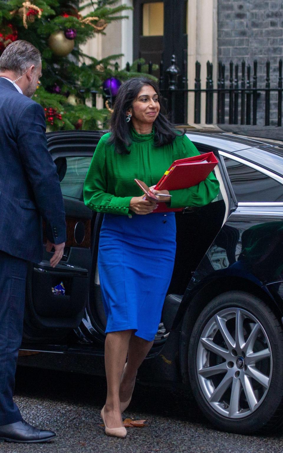 Suella Braverman, the Home Secretary, is pictured in Downing Street today - Tayfun Salci/Zuma Press Wire