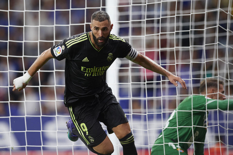 BARCELONA, SPAIN - 28 August: Karim Benzema centre-forward of Real Madrid and France celebrates after scoring his sides first goal during the La Liga Santander match between RCD Espanyol and Real Madrid CF at RCDE Stadium on August 28, 2022 in Barcelona, Spain. (Photo by Jose Hernandez/Anadolu Agency via Getty Images)