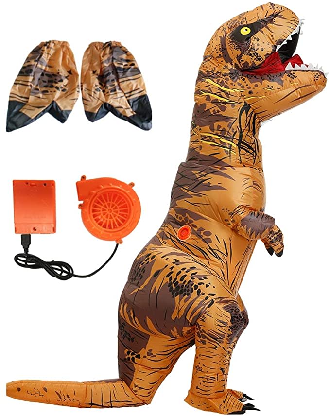 Product photo of Adult Inflatable Dinosaur Body Suit with feet covers and electric fan.