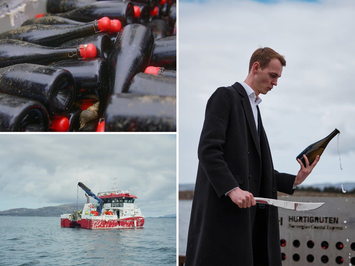 From top left: the first Havets Bobler crate is opened; the final crate is raised from the Actic water; Norway’s best sommelier Nikolai Haram Svorte sabers a bottle ready for tasting  (Steffen Silseth/Kristian Dale/Hurtigruten Norway)