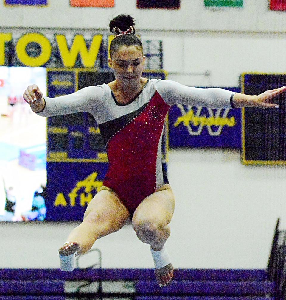 Britton-Hecla's Sterling Mertens performs on the balance beam during the Watertown Invitational gymnastics meet on Saturday, Jan. 21, 2023 in the Civic Arena.