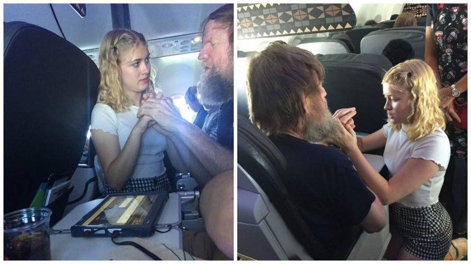 美國一名少女貼心地用手語幫聾盲人士服務，空服員大讚他是天使。(圖／合成圖，翻攝自臉書和阿拉斯加航空公司部落格)