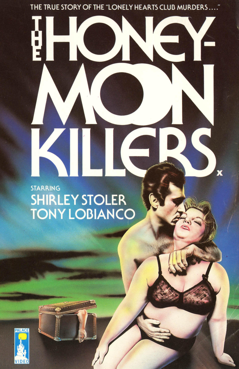 Poster image for the movie "The Honeymoon Killers" with a painting depicting the two lovers embracing; the woman is wearing lingerie and the man is seemingly nude, and there is a box behind them with an arm coming out