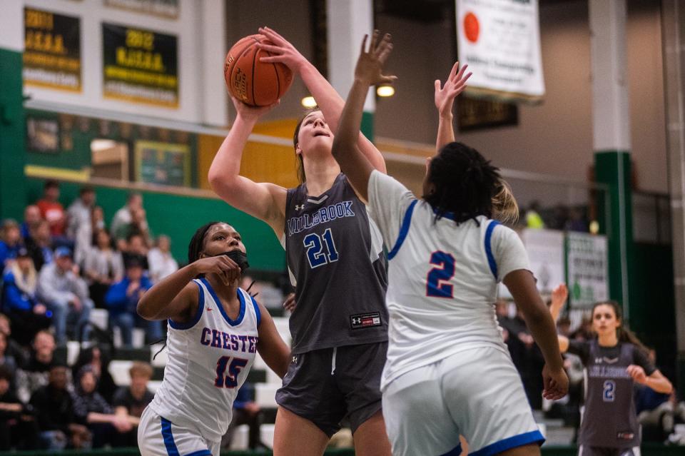 Milbrook's Natalie Fox shoots during the Section 9 Class C girls championship game SUNY Sullivan in Loch Sheldrake, NY on Wednesday, March 2, 2022. Millbrook defeated Chester. KELLY MARSH/FOR THE TIMES HERALD-RECORD