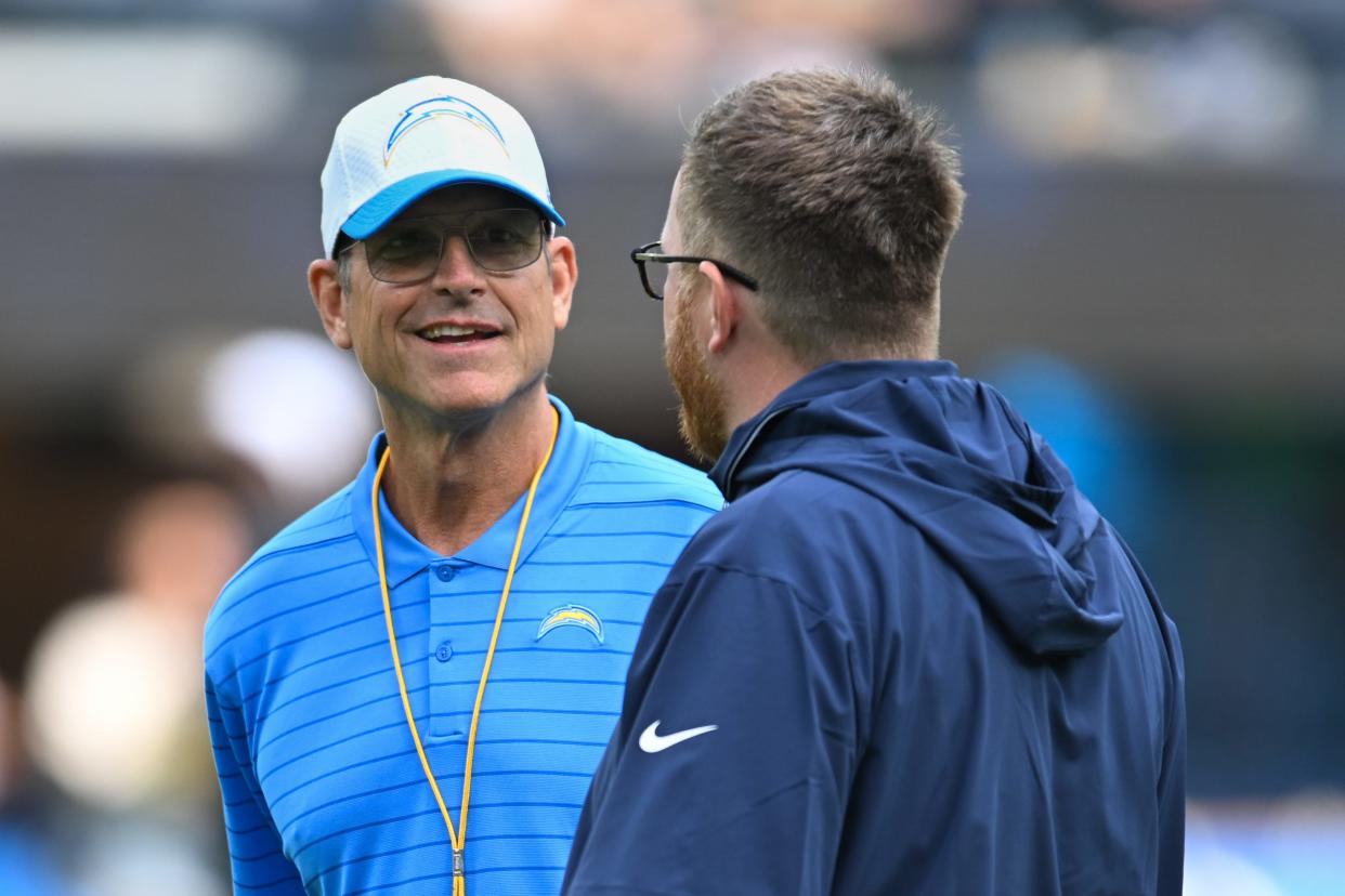 Los Angeles Chargers head coach Jim Harbaugh against the Seattle Seahawks during the pregame warmups at SoFi Stadium.