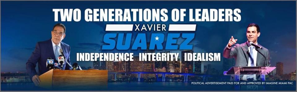 This ad by Xavier Suarez’s political committee went up on I-95 as the former Miami mayor runs to be Miami-Dade’s next mayor. It also features Suarez’s son, Francis Suarez, the city’s current mayor. The 2020 race offers a countywide test of the Suarez name.