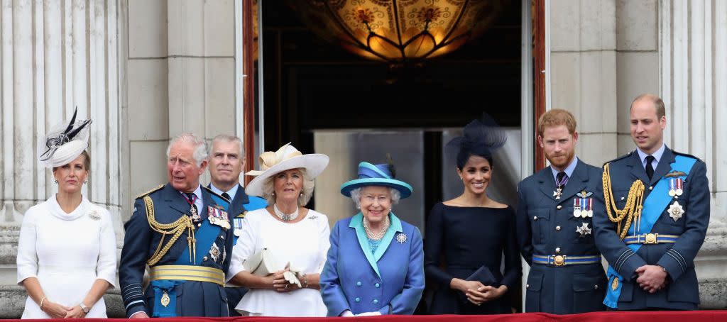 london, england july 10 l r prince charles, prince of wales, prince andrew, duke of york, camilla, duchess of cornwall, queen elizabeth ii, meghan, duchess of sussex, prince harry, duke of sussex, prince william, duke of cambridge and catherine, duchess of cambridge watch the raf flypast on the balcony of buckingham palace, as members of the royal family attend events to mark the centenary of the raf on july 10, 2018 in london, england photo by chris jacksongetty images