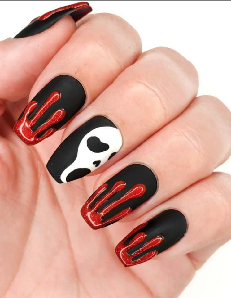 <p>Start with a black nail polish, and layer a matte top coat over it to get the base for this scream-worthy design by <a href="https://www.instagram.com/p/B347fyMAU9z/" rel="nofollow noopener" target="_blank" data-ylk="slk:nail artist and blogger Ceri.;elm:context_link;itc:0;sec:content-canvas" class="link ">nail artist and blogger Ceri.</a></p><p><a class="link " href="https://go.redirectingat.com?id=74968X1596630&url=https%3A%2F%2Fwww.etsy.com%2Flisting%2F774790412%2Fvegan-nail-polish-matte-coat-the-matte&sref=https%3A%2F%2Fwww.oprahdaily.com%2Fbeauty%2Fskin-makeup%2Fg33239588%2Fhalloween-nail-ideas%2F" rel="nofollow noopener" target="_blank" data-ylk="slk:SHOP MATTE TOP COAT;elm:context_link;itc:0;sec:content-canvas">SHOP MATTE TOP COAT</a></p>