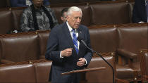 In this image from video, House Majority Leader Steny Hoyer of Md., speaks on the floor of the House of Representatives at the U.S. Capitol in Washington, Friday, March 27, 2020. (House Television via AP)