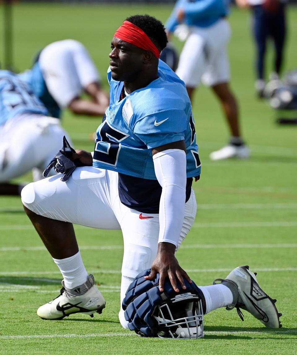 Tennessee Titans linebacker Monty Rice (56) stretches during an NFL football training camp practice Monday, August 7, 2023, in Nashville, Tenn. 