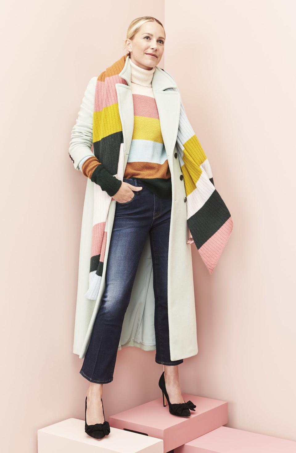 Blaire Edie in Halogen x Atlantic-PAcific striped sweater, coat and jeans