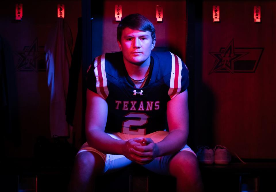 Wimberley quarterback Cody Stoever, sitting in the Texans' locker room, is the American-Statesman offensive player of the year after accounting for 73 total touchdowns and leading his team to the Class 4A Division II state semifinals. This year's All-Central Texas team honors nearly 70 Austin-area players.