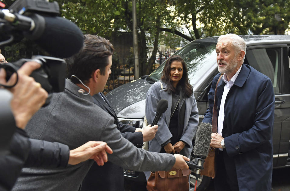 Britain's main opposition Labour Party leader Jeremy Corbyn arrives for major party meeting to finalise the manifesto details that will form Labour Party policy for the upcoming General Election in London, Saturday Nov. 16, 2019. Britain's Brexit is one of the main issues for voters and political parties as the UK goes to the polls in a General Election on Dec. 12. (Dominc Lipinski/PA via AP)