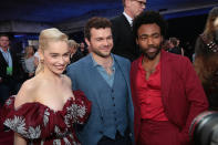 <p>Emilia Clarke, Alden Ehrenreich, and Donald Glover. (2018 Getty Images) </p>