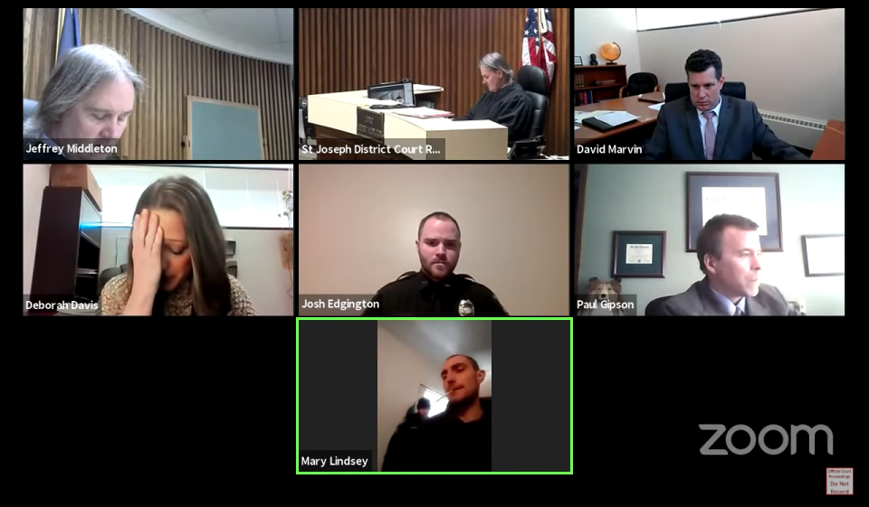 Attorney Deborah Davis, left center, reacts during a livestream court proceeding March 2, after it was confirmed the defendant in an assault case was at the same house as the alleged victim, during the live hearing. Davis made her suspicion known to the court during the preliminary examination, after noting the witness' body language.