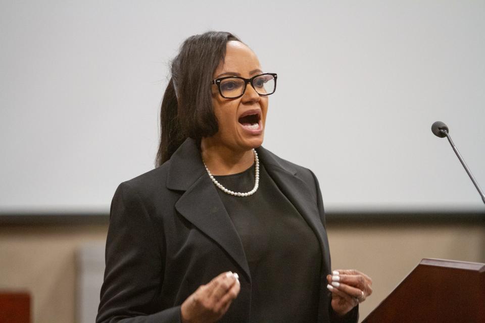 Assistant District Attorney Michelle HIll provides her opening statements in the capital murder case stemming from the death of El Paso County Sheriff's Deputy Peter Herrera in March 2019.