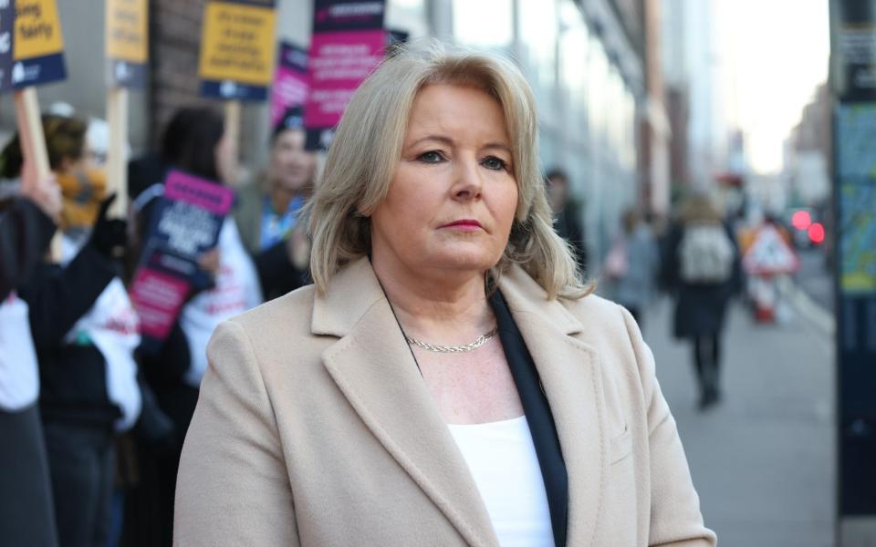 Pat Cullen, the general secretary of the Royal College of Nursing, is pictured this morning outside St Mary's Hospital in London - Belinda Jiao