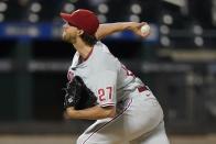 Philadelphia Phillies' Aaron Nola throws during the first inning against the New York Mets in the second baseball game of a doubleheader Tuesday, April 13, 2021, in New York. (AP Photo/Frank Franklin II)