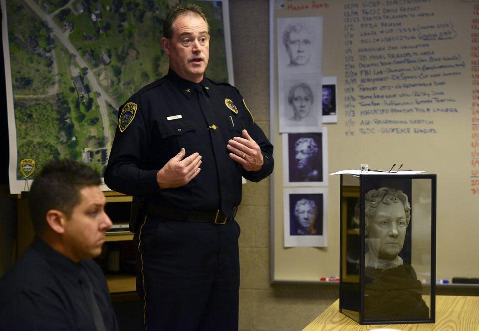 Economy police chief Michael O'Brien as he talks with county officials at the borough police station to update them about the status of a woman's head found in Dec. 2014.