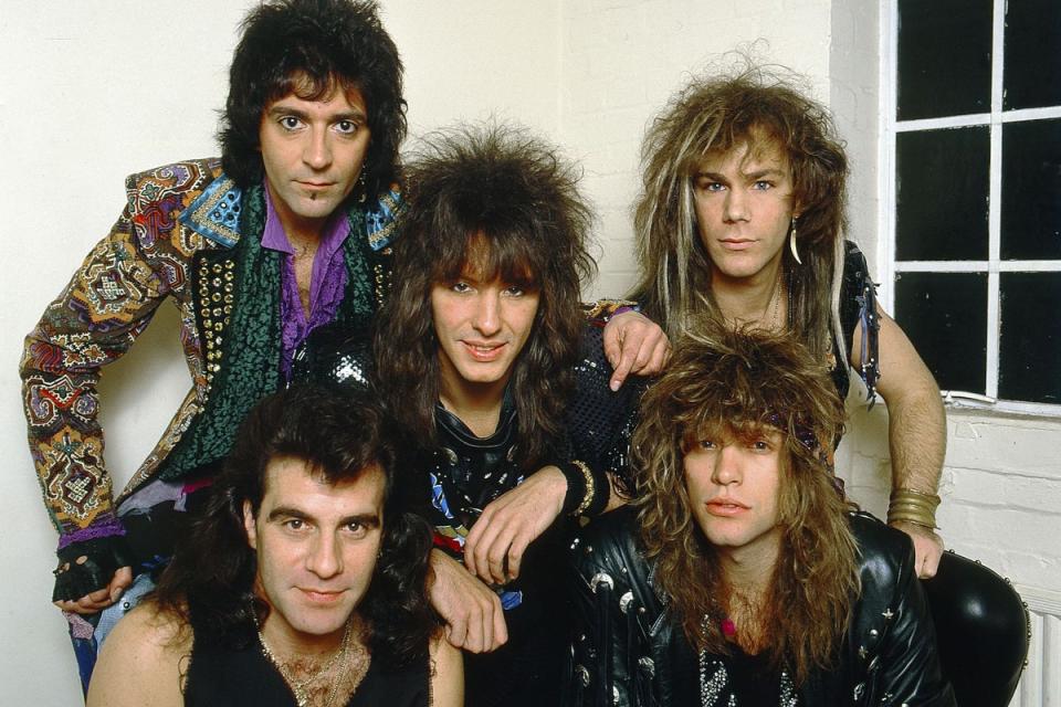 Bon Jovi backstage at the Norwich Playhouse in 1986: Tico Torres, Richie Sambora, Alec John Such, David Bryan and Jon Bon Jovi (Ilpo Musto/Shutterstock)