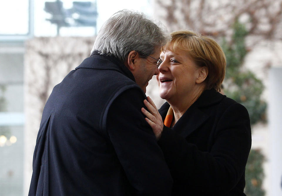 Angela Merkel greets new Italian Prime Minister Paolo Gentiloni