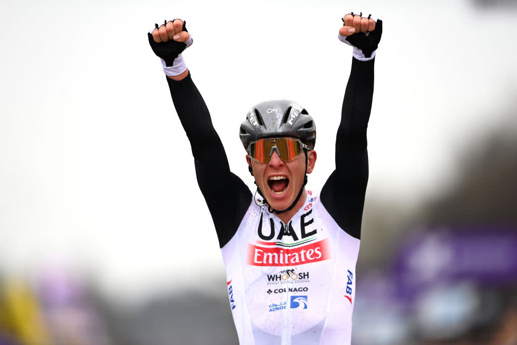  OUDENAARDE BELGIUM  APRIL 02 Tadej Pogacar of Slovenia and UAE Team Emirates celebrates at finish line as race winner during the 107th Ronde van Vlaanderen  Tour des Flandres 2023 Mens Elite a 2734km one day race from Brugge to Oudenaarde  UCIWT  on April 02 2023 in Brugge Belgium Photo by Tim de WaeleGetty Images 