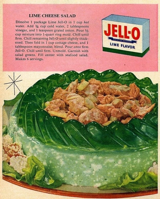 a vintage recipe card for lime cheese salad along with a photo of green gelatin with "seafood salad" in the center