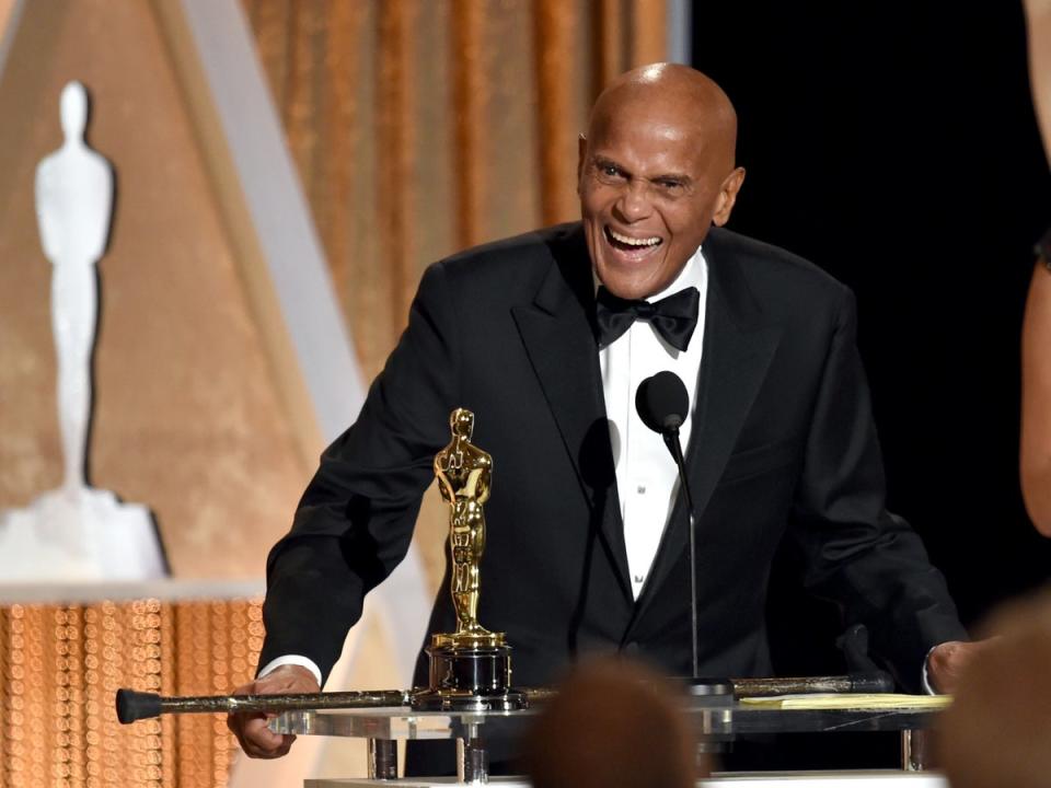 Belafonte accepting the Jean Hersholt Humanitarian Award in Hollywood in 2014 (Getty)