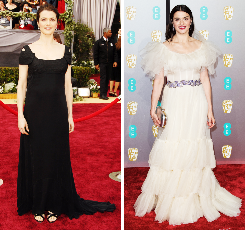 Left, at the Oscars on March 5, 2006, right, at the 2019 BAFTAs on February 10.