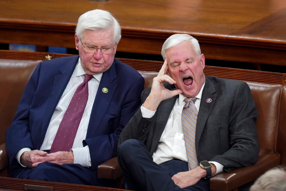 Rep. Hal Rogers, R-Ky., left, and Rep. Steve Womack, R-Ark., listen to the eleventh round of votes in the House chamber as the House meets for the third day to elect a speaker and convene the 118th Congress in Washington, Thursday, Jan. 5, 2023.