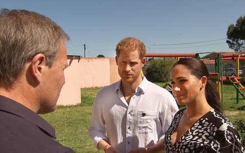 Tom Bradby and their Royal Highnesses The Duke and Duchess of Sussex in South Africa - Credit: ITV