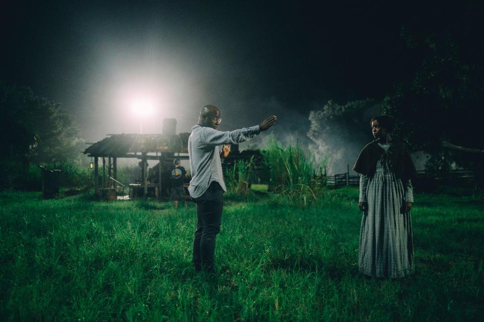 Barry Jenkins and Thuso Mbedu on the set of The Underground Railroad.