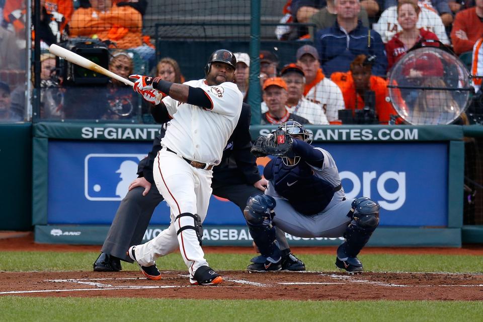 SAN FRANCISCO, CA - OCTOBER 24: Pablo Sandoval #48 of the San Francisco Giants hits a solo home run to center field against Justin Verlander #35 of the Detroit Tigers in first inning during Game One of the Major League Baseball World Series at AT&T Park on October 24, 2012 in San Francisco, California. (Photo by Jason O. Watson/Getty Images)