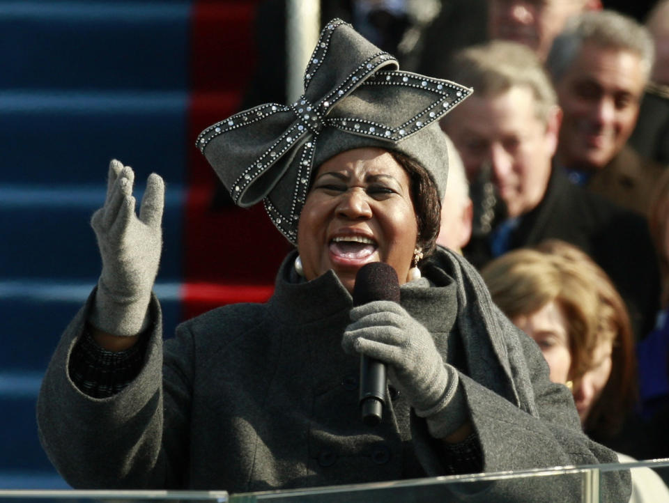 The jeweled hat Franklin wore during President Barack Obama's first inauguration earned its own celebrity status. (Photo: Jason Reed/Reuters)