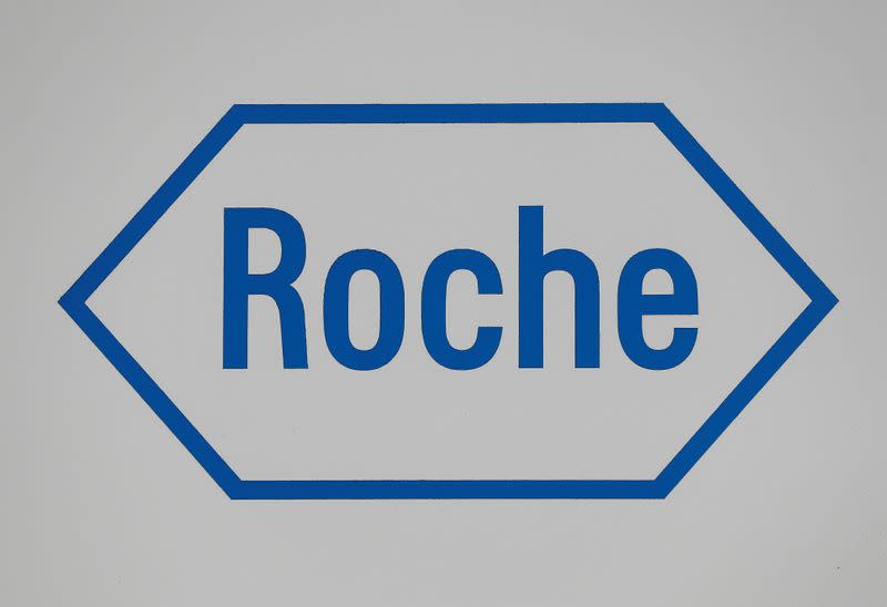 FILE PHOTO: A sign at a diagnostics site for Swiss pharmaceutical giant Roche is seen as the company said problems at a new warehouse delayed the dispatch of some products