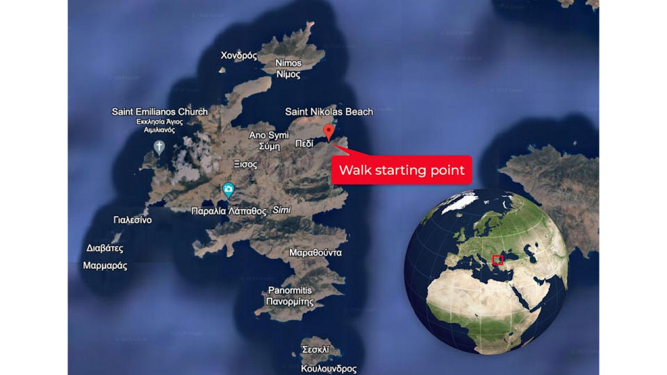 A map of Symi island showing the beach on which Dr Michael Mosley started his walk on Wednesday