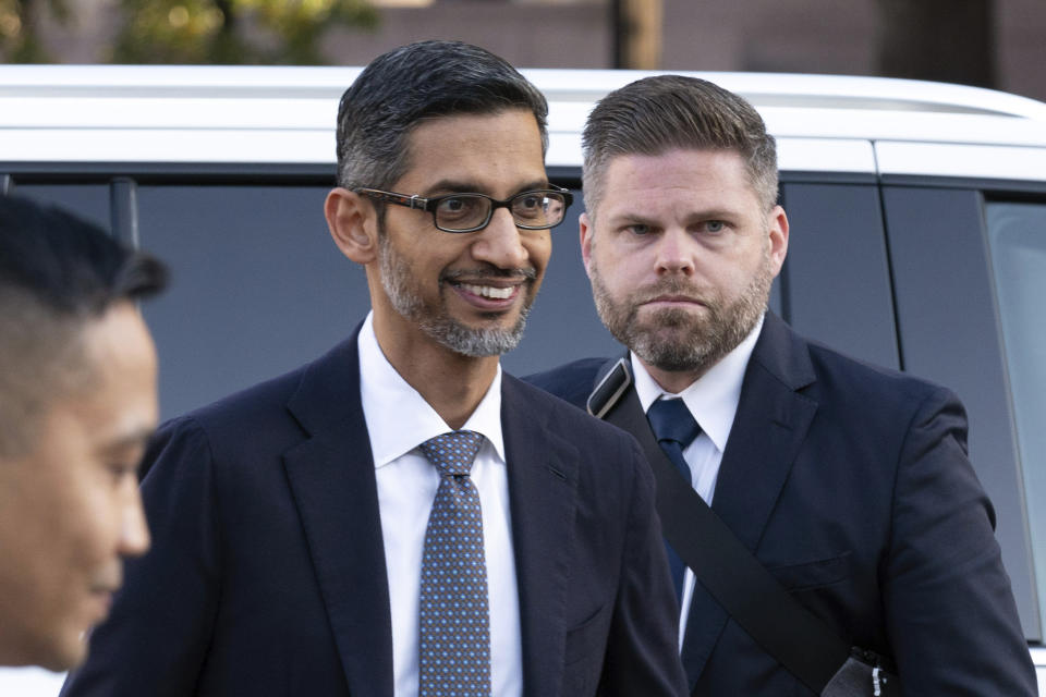 Google and Alphabet Inc. CEO Sundar Pichai arrives at the federal courthouse in Washington, Monday, Oct. 30, 2023. (AP Photo/Jose Luis Magana)