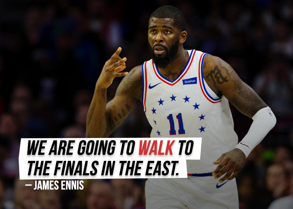 With Kawhi Leonard and LeBron James on the West, <a href="https://sports.yahoo.com/sixers-james-ennis-talks-resigning-we-are-going-to-walk-to-the-finals-in-the-east-223039710.html" data-ylk="slk:James Ennis is confident;elm:context_link;itc:0;sec:content-canvas;outcm:mb_qualified_link;_E:mb_qualified_link;ct:story;" class="link  yahoo-link">James Ennis is confident</a> in the Philadelphia 76ers odds going to the NBA Finals.