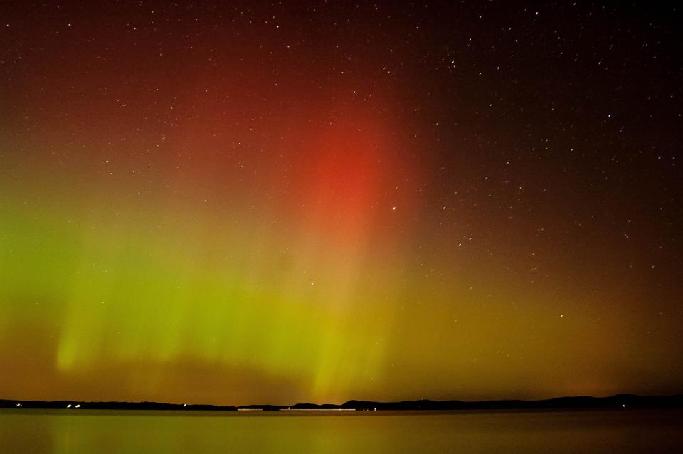 Aurora Borealis over the U.S. 2 bridge to the Champlain Islands, viewed from the Colchester Causeway Bike Path.