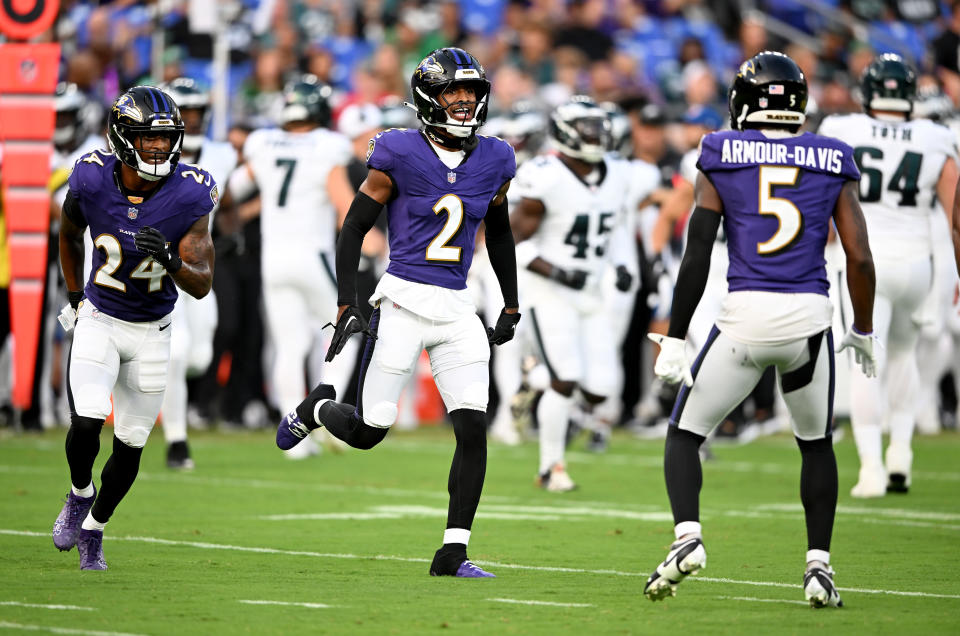 BALTIMORE, MARYLAND - AUGUST 09: Nate Wiggins #2 of the Baltimore Ravens celebrates a defensive stop in the first quarter against the Philadelphia Eagles in a preseason game at M&T Bank Stadium on August 09, 2024 in Baltimore, Maryland. (Photo by Greg Fiume/Getty Images)