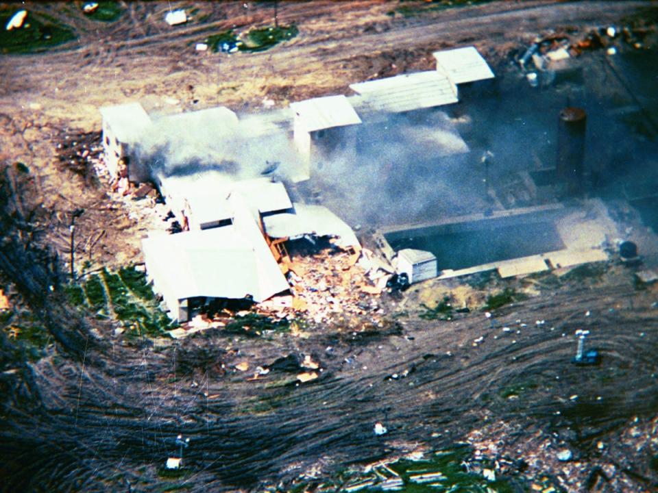 An aerial view of the Waco siege that pitted sect leader David Koresh against the federal governmen