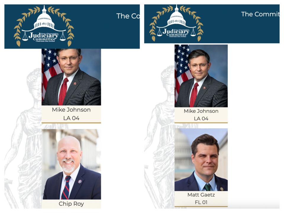 Before and after screenshots of the House Judiciary Committee's homepage.