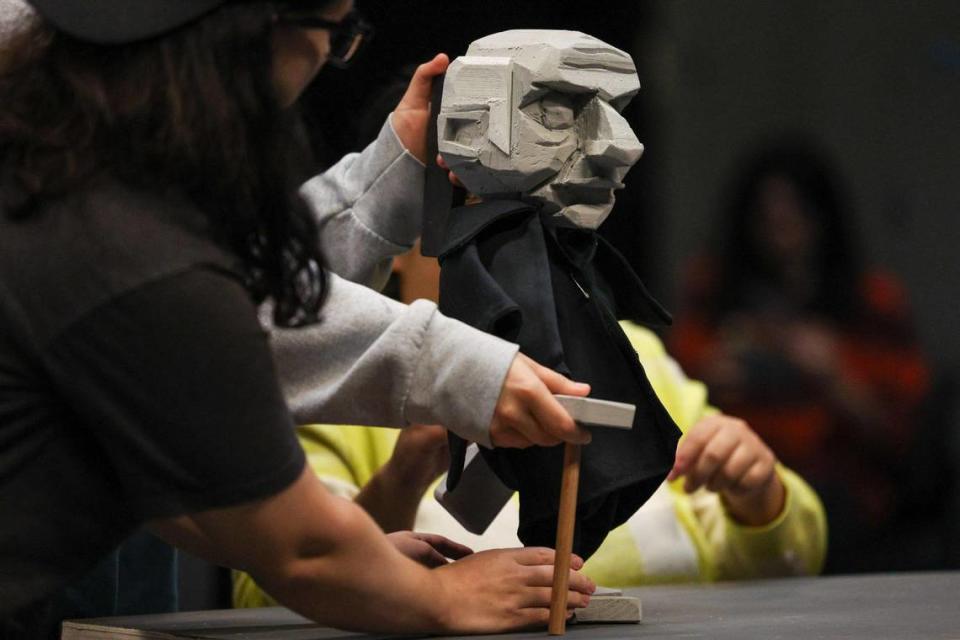 Students of the UNC Charlotte Department of Theatre run through a rehearsal of a puppetry production based on the famous silent German Expressionist film “The Cabinet of Dr. Caligari” on Friday, October 20, 2023 in Charlotte, NC. The production will premiere on Thursday, November 2nd and run through November 5th, 2023 at the Black Box Theater.