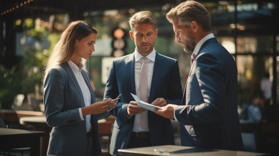 A professional broker in a suit discussing the financial scenarios with an investor couple.