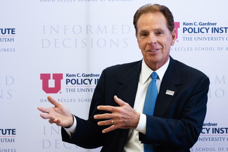 Fraser Bullock, president and CEO of the Salt Lake City-Utah Committee for the Games, speaks during the Kem C. Gardner Policy Institute Newsmaker Breakfast in which the committee provided an update at the Thomas S. Monson Center in Salt Lake City on Thursday, April 27, 2023. | Ryan Sun, Deseret News