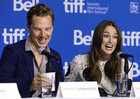 Actor Benedict Cumberbatch and actress Keira Knightley attend a news conference to promote the film "The Imitation Game" at the Toronto International Film Festival (TIFF) in Toronto, September 9, 2014. REUTERS/Fred Thornhill