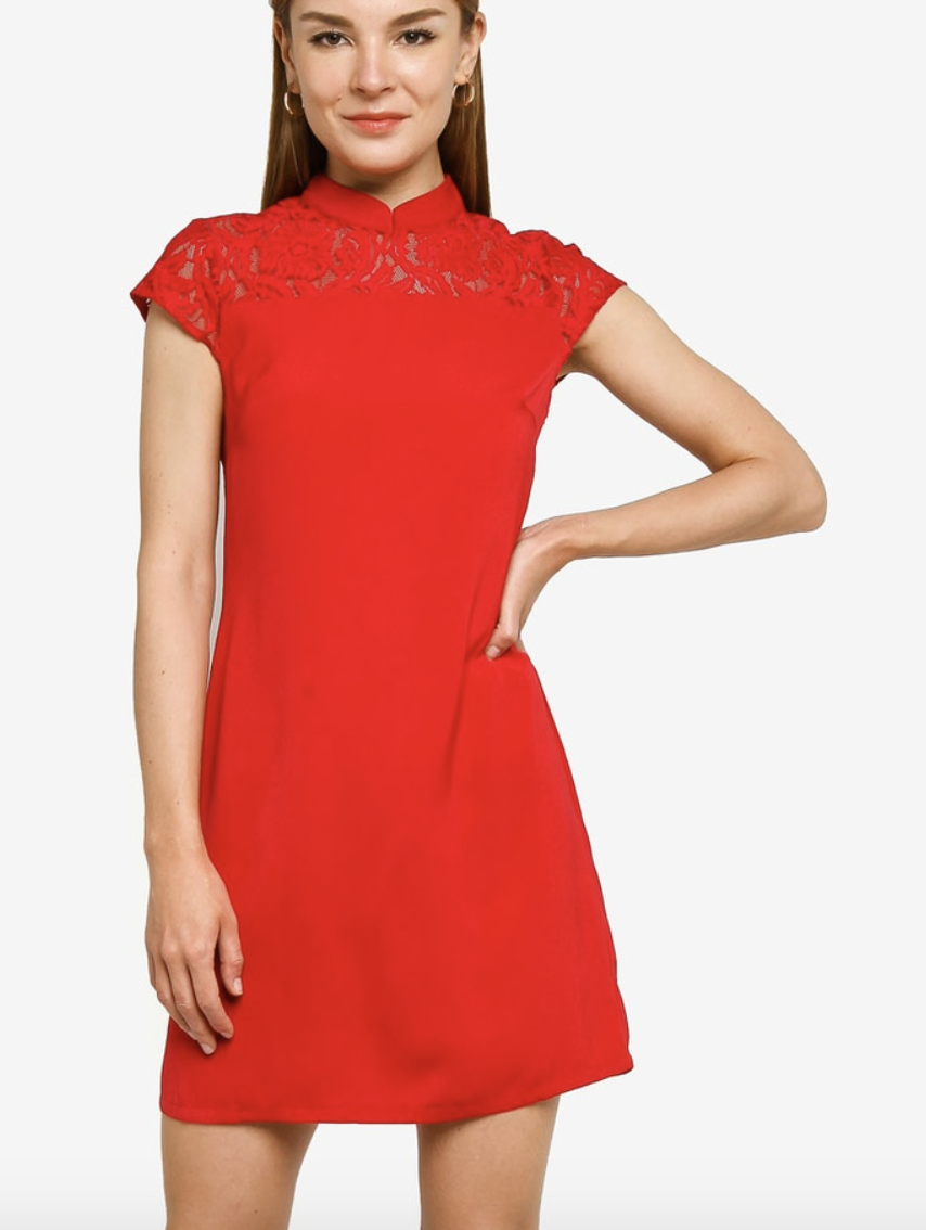 PHOTO: ZALORA. OCCASION Lace Panel Mandarin Collar Shift Dress