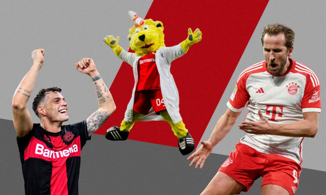 <span>Mascot Brian the Lion jumps up in a carnival costume ahead of Bayer Leverkusen’s showdown with Bayern Munich in which Granit Xhaka (left) and Harry Kane will be pivotal figures.</span><span>Composite: Alamy, Rex</span>