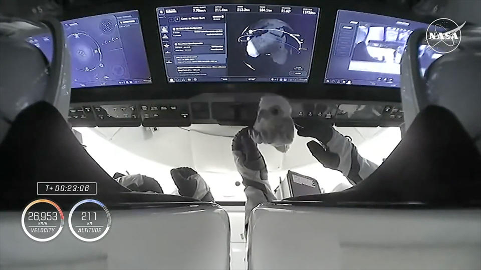  "Aurora," a baby falcon push toy, is seen floating in front of the crew consoles aboard SpaceX's Dragon "Freedom" serving as Crew-9's zero-g indicator on Saturday, Sept. 28, 2024. 