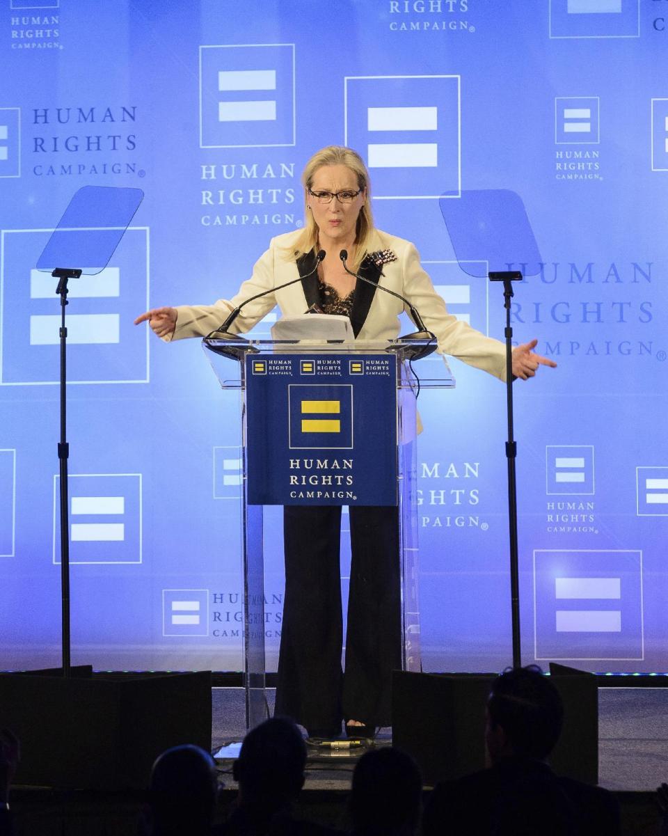 Meryl Streep attends the Human Rights Campaign Greater New York Gala at Waldorf Astoria Hotel on Saturday, Feb. 11, 2017, in New York. (Photo by Christopher Smith/Invision/AP)